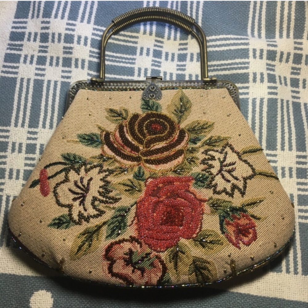 Vintage In’s Beaded Floral Tapestry Handbag Purse ~ Cottagecore/Grannycore - Picture 2 of 8